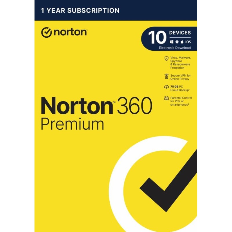 NORTON 360 PREMIUM 75 GB + VPN 1 użytkownik na 10 urządzeń przez 1 rok